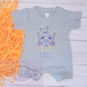 Tiger Embroidered Romper, Purple and Gold