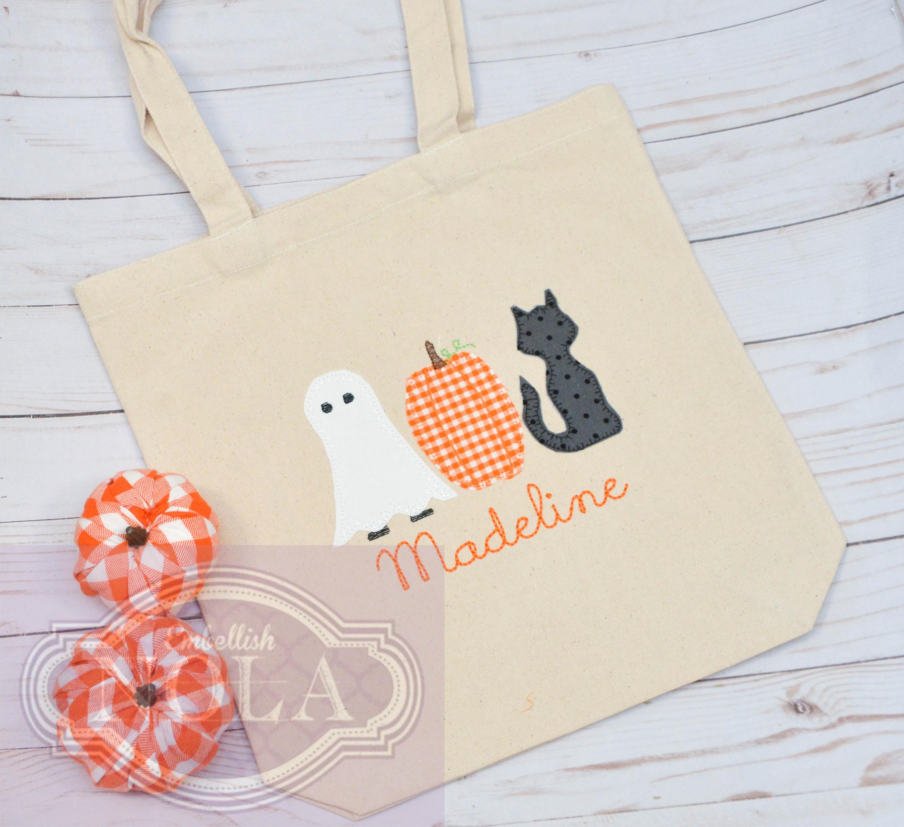 Halloween Applique Personalized Trick or Treat Bag, Canvas Tote Bag, Candy Bag