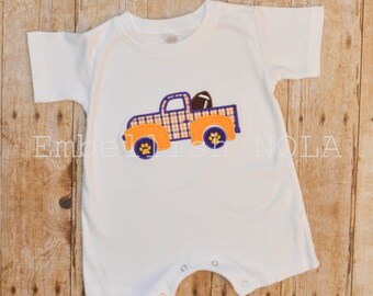 Football Truck Applique Romper, Purple and Gold