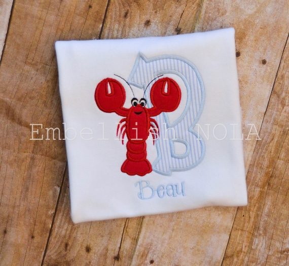 Crawfish Letter Applique Shirt or Bodysuit - Light Blue Seersucker