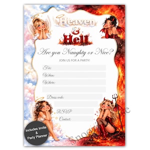 May include: A rectangular party invitation featuring a split design with a blue sky and clouds on the left and fiery flames on the right. It includes illustrations of two angels and two devils, with text reading Heaven & Hell, Are you Naughty or Nice?