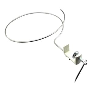 May include: A silver-colored metal wire with a circular loop attached to a white clamp. The clamp has a screw for tightening and a handle. The object is set against a white background.