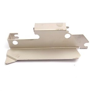 May include: A beige metal bracket with a complex, angular shape featuring multiple cutouts, including two circular holes and various notches along the top and side edges, designed for mechanical mounting or structural support applications.