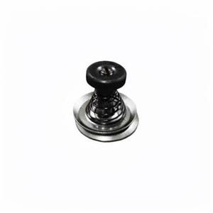 May include: A small, circular metal fastener featuring a black, flat-topped knob with a central screw slot. The base consists of a silver-toned, tiered metallic component with a textured, grid-like pattern on the neck and a smooth, flat circular rim.