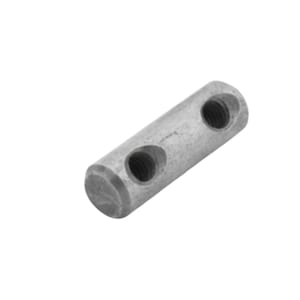 Puede incluir: Una tuerca cilíndrica de metal con un acabado gris mate. El componente de ferretería tiene una superficie exterior lisa y redondeada con dos orificios roscados circulares distintos situados a lo largo del cuerpo central para su fijación.