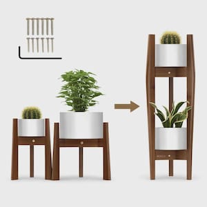 2 Tier Adjustable Bamboo Plant Stand Indoor Wooden Corner Plant Holder for 8 to 12 Inch Pots Tall Modern Space Saving Plant Display.