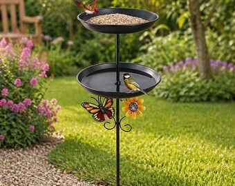 Vintage Metal Bird Bath and Feeder 2 in 1 Double Layer Freestanding Birdbath with Sturdy Base Outdoor Garden Yard Lawn Decor.