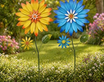 Set 2 Metal Flower Garden Stakes Colorful Wind Spinner Yard Art Rust Resistant Lawn Decor