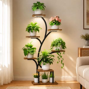 49 Inch Brown Plant Shelf with Grow Lights, 7 Tier Corner Rack