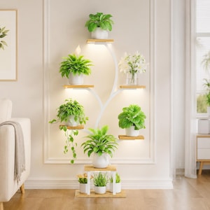May include: A white metal plant stand with a tree-like structure featuring multiple light-colored wooden shelves. The stand includes integrated LED lighting under each shelf, holding various potted green plants and a vase of white flowers.