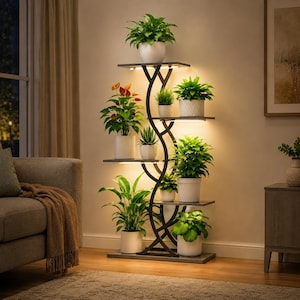 May include: A tall, multi-tiered plant stand featuring a dark, curved metal frame with integrated LED lighting under each shelf. The stand holds nine various green potted plants in white containers, arranged across six levels of shelving.