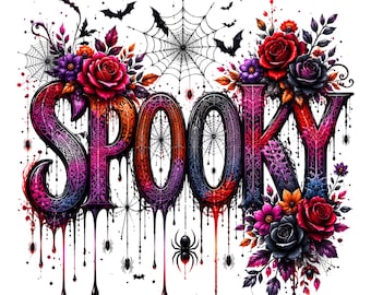 May include: A graphic design featuring the word SPOOKY in a stylized, dripping font with a gradient of red, purple, and black. The letters are decorated with spiderwebs, small spiders, bats, and clusters of red, purple, and black roses.