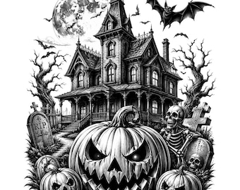 May include: A black and white illustration featuring a large haunted mansion under a full moon, surrounded by bare trees and flying bats. In the foreground, three carved jack-o'-lanterns with jagged smiles sit near a skeleton and two tombstones marked RIP.