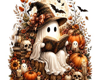 May include: A white ghost wearing a large brown witch hat with a bow, reading an open book. The scene includes orange pumpkins, human skulls, lit candles, a lantern, autumn leaves, and a full moon with flying bats in the background.
