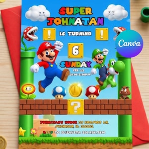 Op de afbeelding: Een rechthoekige verjaardagsuitnodigingskaart met Mario, Luigi en Yoshi op een blauwe achtergrond met bakstenen platforms, wolken en munten. De tekst bevat SUPER JOHNATAN IS TURNING 6 SUNDAY FEB 12 10:00-2:00PM, adresgegevens en RSVP-informatie.