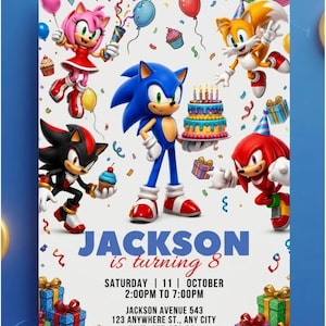 May include: A colorful birthday party invitation featuring Sonic the Hedgehog and friends. The invitation includes the text "JACKSON is turning 8" and event details. The design incorporates balloons, cupcakes, and gift boxes.
