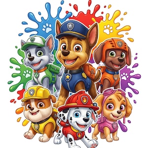 Può includere: Un'illustrazione colorata con sei cuccioli di cartone animato in uniforme, tra cui un cane poliziotto e un cane pompiere, su uno sfondo vivace di schizzi di vernice blu, rossa, gialla, verde e viola e impronte di zampe bianche.