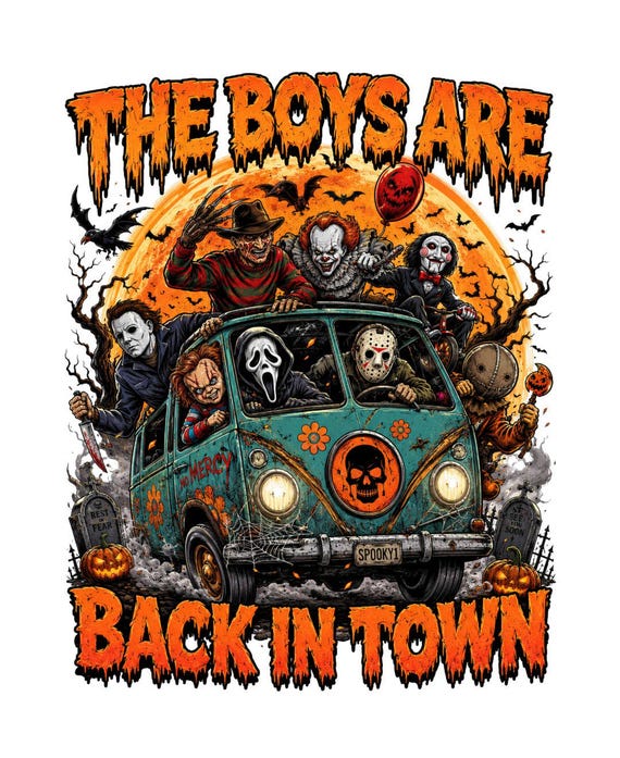 Halloween Horror Crew PNG,  The Boys Are Back In Town Shirt Design, Spooky Slasher Gang Retro Van Graphic, Halloween Sublimation PNG