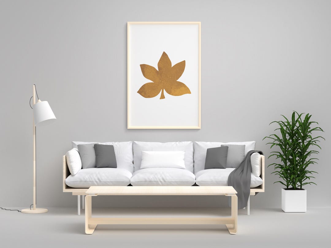 Minimalist Golden Leaf Wall Art Printable, Centered Botanical Abstract ...