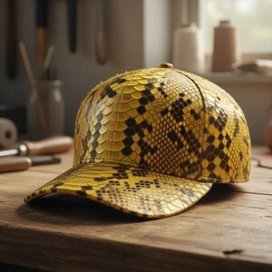 Może przedstawiać: Żółto-czarna czapka bejsbolowa ze skóry węża. Czapka ma zakrzywiony daszek i strukturalną koronę, z wyraźnym wzorem. Kapelusz wykonany jest z teksturowanego materiału i spoczywa na drewnianej powierzchni.