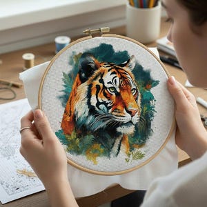 Schema per punto croce di tigre ad acquerello in PDF, disegno di ricamo di tigre, schema di grande felino selvatico, Pattern Keeper, compatibile con Pattern Keeper, DMC