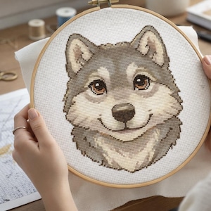 May include: A cross-stitch embroidery of a smiling wolf's face, held in a wooden hoop. The wolf features gray, tan, and brown thread, with detailed eyes and a friendly expression. The craft project is on white fabric.
