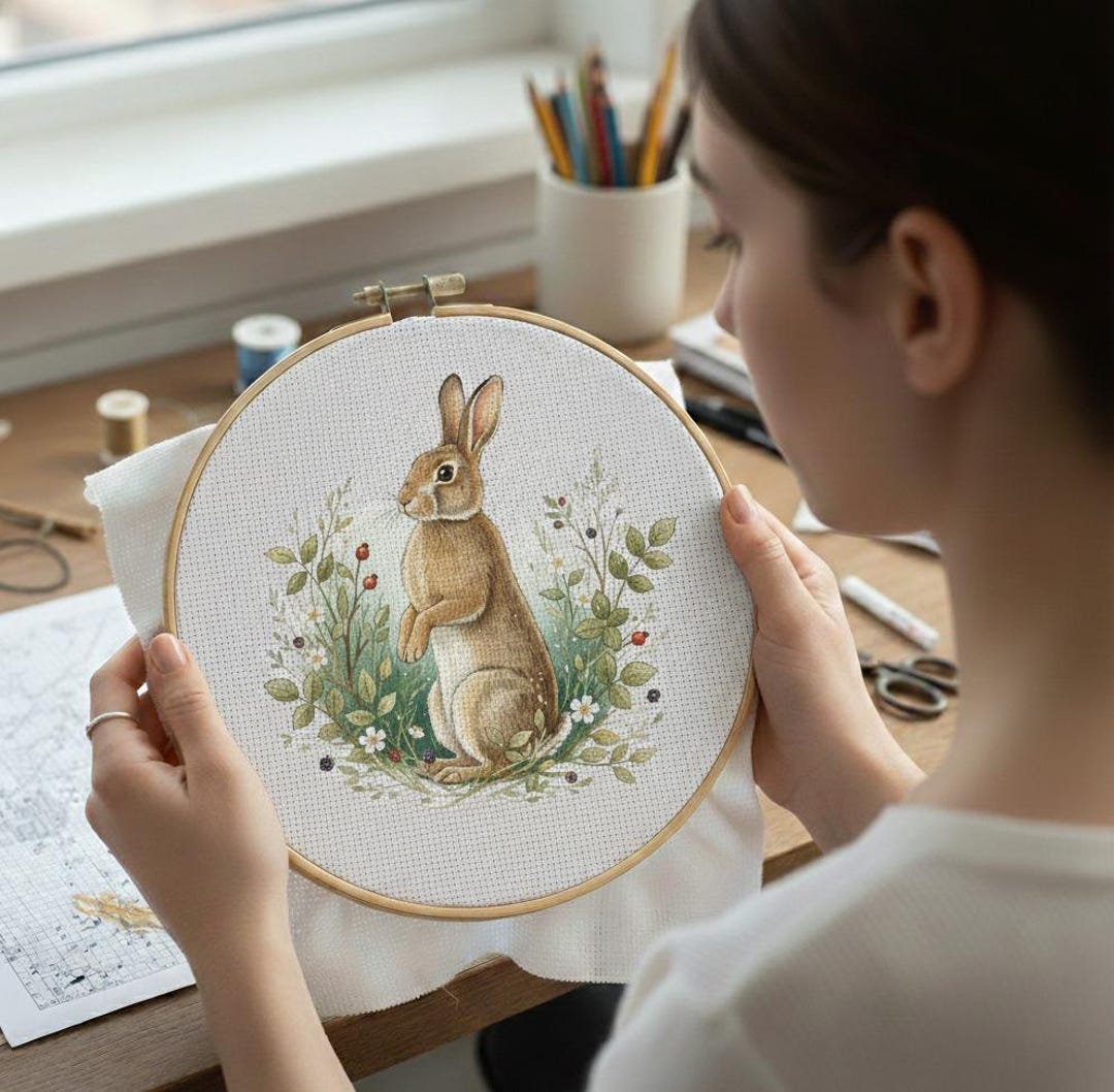 Bunny Rabbit Cross Stitch Pattern PDF, Woodland Bunny Portrait, Floral ...
