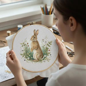 May include: A cross-stitch embroidery hoop featuring a detailed illustration of a brown rabbit surrounded by greenery and berries. The artwork is set against a white fabric background, held in a wooden hoop. The scene is set near a window.