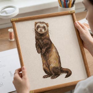 May include: A cross-stitch embroidery project featuring a brown and tan ferret standing upright, displayed in a rectangular wooden frame with brass corner accents. The ferret is stitched onto a white fabric background with detailed fur texture.