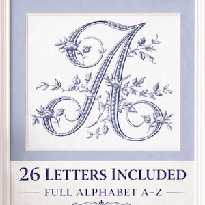 May include: Framed artwork featuring a large, ornate letter "A" in navy blue, adorned with floral and leaf details. The artwork is set against a white background with a light blue border, and the frame is white. Text at the bottom reads "26 LETTERS INCLUDED FULL ALPHABET A-Z".