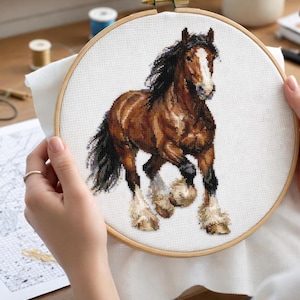May include: A cross-stitch embroidery of a brown horse with a white blaze and fluffy white fetlocks, set in a wooden hoop. The horse is in mid-stride, with a flowing black mane and tail. The craft project is in progress.