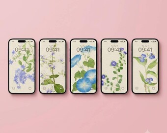 Watercolor Floral Phone Wallpaper Set, Blue Morning Glory Botanical Backgrounds (Digital Download)