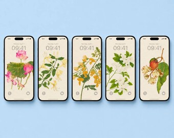 Watercolor Botanical Phone Wallpaper Bundle, Vintage Floral Art (Digital Download)