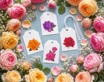 Printable Rose Gift Tags, Floral Holiday Present Label, Digital PDF Letter A4