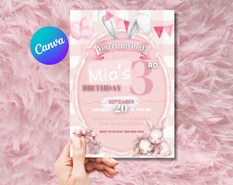 Pink Bunny Birthday Invitation Template | Editable Canva Invitation | Girl Birthday Invite | Printable & Mobile Invite | Instant Download