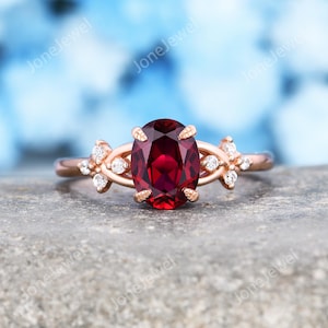 Unique Oval Cut Ruby Engagement Ring Rose Gold Moissanite Cluster Ring Ruby Bridal Ring Red Gemstone Promise Ring Anniversary Ring