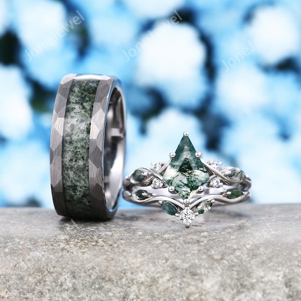 Nature Inspired Kite cut Moss Agate Ring Set His and Hers Wedding Band Silver & Tungsten Ring Set Matching Nature Couples Promise Ring