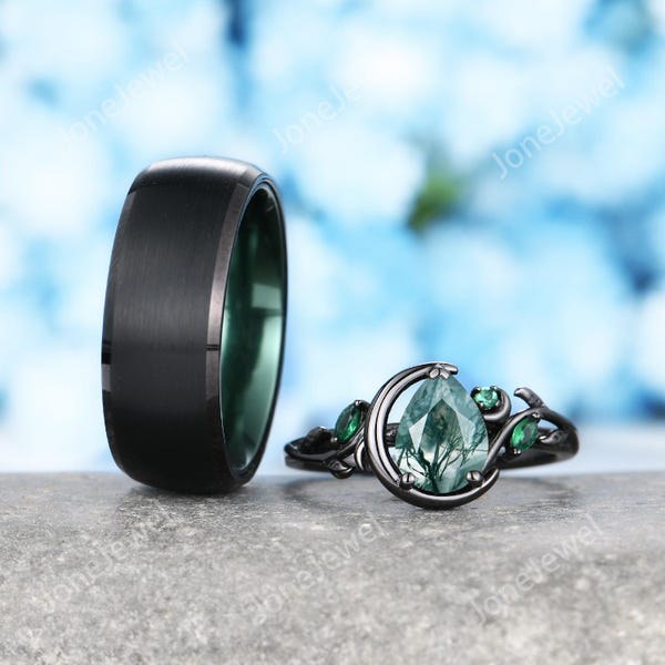Natural Moss Agate Couples Ring Set, Unique His and Her Wedding Bands, Moss Agate Crescent Moon Ring, Black Gold Matching Promise Ring