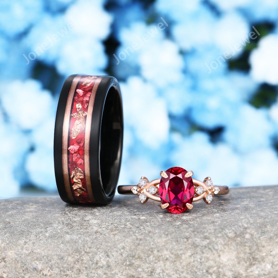 Unique Oval Ruby Couples Ring Rose Gold His and Hers Wedding Band ...