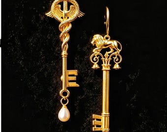 Vintage Vatican Ancient Rome 18K Gold Plated Asymmetric Key Dangle Earrings for History Lovers | Lightweight Lion Caduceus Statement Jewelry