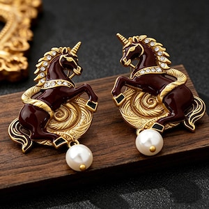 May include: A pair of ornate, gold-toned unicorn brooches. Each brooch features a dark burgundy unicorn with a gold horn, mane, and accents. The unicorns are set on a gold filigree base and adorned with clear crystals. A white pearl hangs below each brooch.