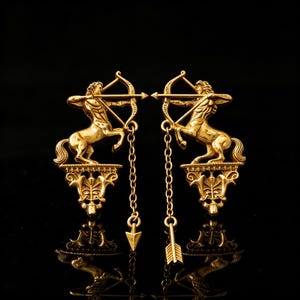 May include: A pair of gold-coloured earrings featuring a centaur with a bow and arrow design. The earrings have a dangling chain with an arrow pendant. The centaur is standing on a decorative base. The background is black.