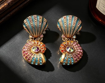 Vintage Inspired Sea Shell Drop Earrings, Nautical Baroque Gold Nautilus Studs, Colorful Crystal Encrusted Beach Jewelry, Vacation Earrings
