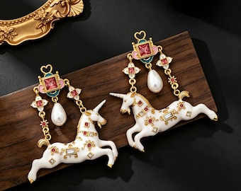 Vintage Enamel Gold Unicorn Drop Earrings for Statement Styling | Elegant Baroque Pearl Whimsical Luxury Jewelry
