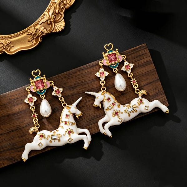 Vintage Enamel Gold Unicorn Drop Earrings for Statement Styling | Elegant Baroque Pearl Whimsical Luxury Jewelry