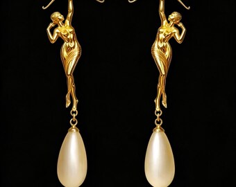 Sagittarius Goddess 18K Gold Plated Teardrop Pearl Dangle Earrings for Zodiac Lovers | Lightweight Art | Party and Birthday Earrings