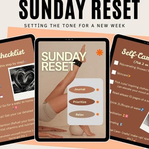 Könnte beinhalten: Digitale Illustration mit dem Text "SUNDAY RESET" und "SETTING THE TONE FOR A NEW WEEK". Das Bild zeigt eine Checkliste, einen Selbstpflege-Leitfaden und eine Person, die eine Yoga-Pose macht. Die Farbpalette umfasst Beige, Braun und Schwarz.
