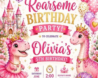 Roze dinosaurusverjaardagsuitnodiging | Gepersonaliseerd | Ballet | Prinses | Kasteel