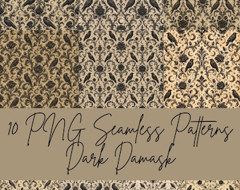 Donker damast naadloos patroon | Gotisch | Plakboekpapier | Zwart | Raven | Goud | Victoriaans | Vintage