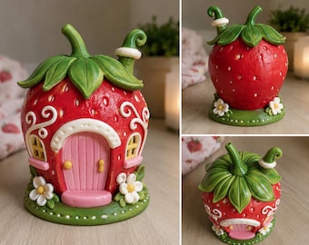 DIY-verf Aardbeienfeehuis | 3D-geprint | Cottagecore Fairy Garden Decor
